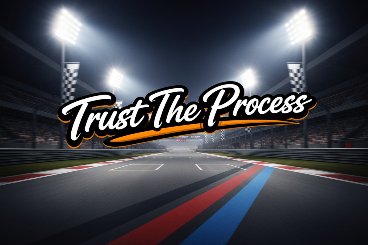 Motivational quote 'Trust The Process' with a black and orange design on a white background